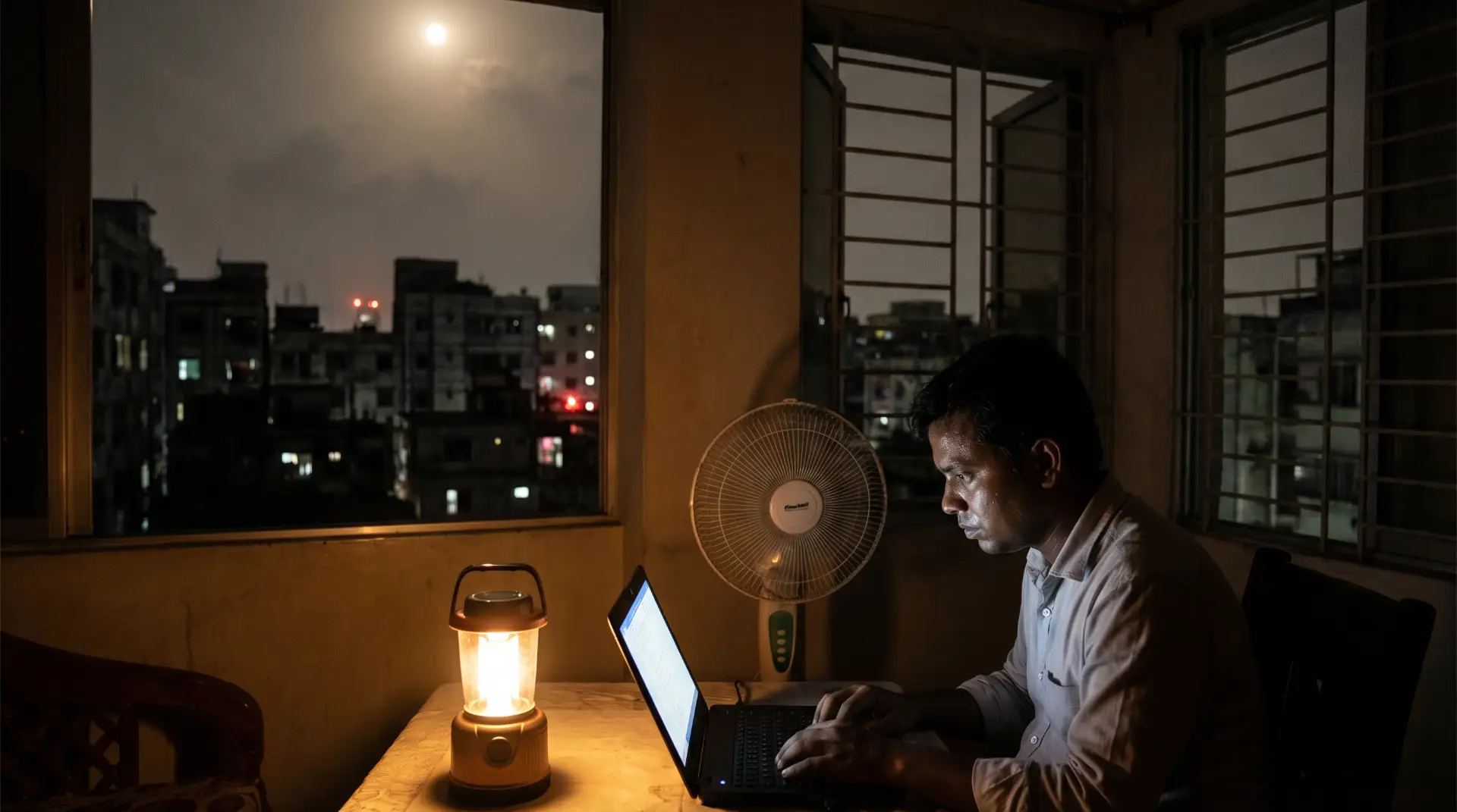 Bangladesh load shedding scene at night, dark room with single rechargeable lamp glowing, person working on laptop, rechargeable fan running, urban Dhaka apartment setting