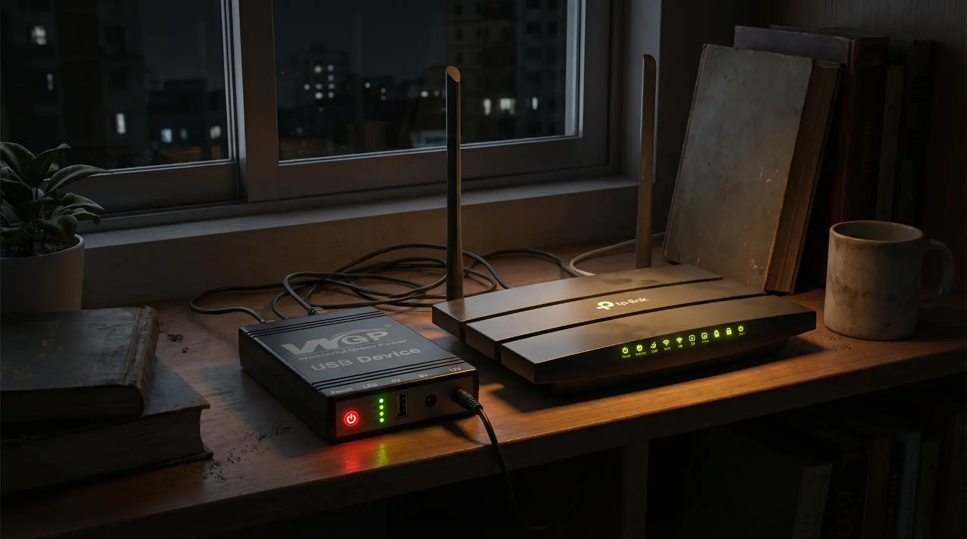 Mini UPS connected to WiFi router in Bangladesh during load shedding, dark room with LED indicators glowing, router lights on, realistic Dhaka apartment setup