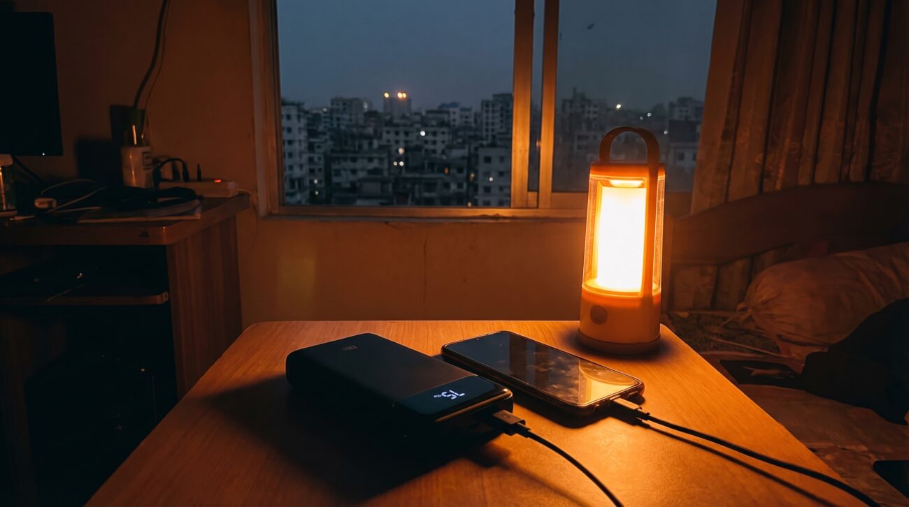 Power bank charging smartphone during load shedding in Bangladesh, dark room with emergency light, modern power banks