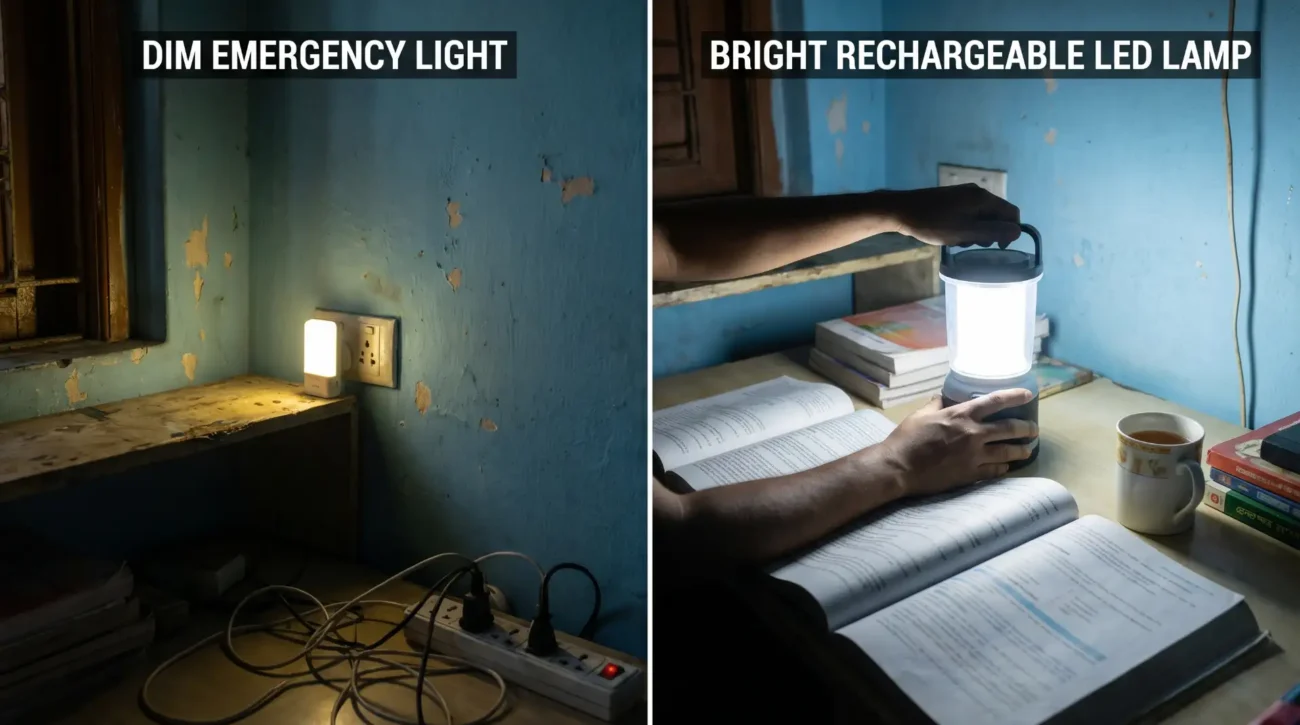 A realistic comparison scene in a Bangladeshi home during load shedding: left side shows a dim emergency light plugged into a wall with low brightness, right side shows a bright rechargeable LED lamp lighting a desk and room