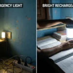 A realistic comparison scene in a Bangladeshi home during load shedding: left side shows a dim emergency light plugged into a wall with low brightness, right side shows a bright rechargeable LED lamp lighting a desk and room