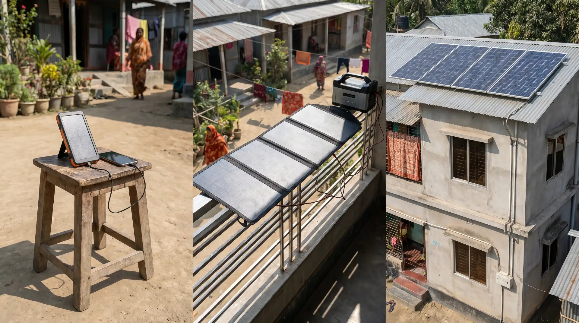 A daytime scene in Bangladesh showing three types of solar setups side by side: a small solar power bank placed under sunlight, a portable foldable solar panel charging a power bank on a balcony, and a rooftop solar panel system installed on a house