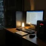 realistic desk setup in Bangladesh during load shedding: desktop PC, monitor, and a UPS unit (like APC) placed beside it, dim room lighting with UPS indicator glowing