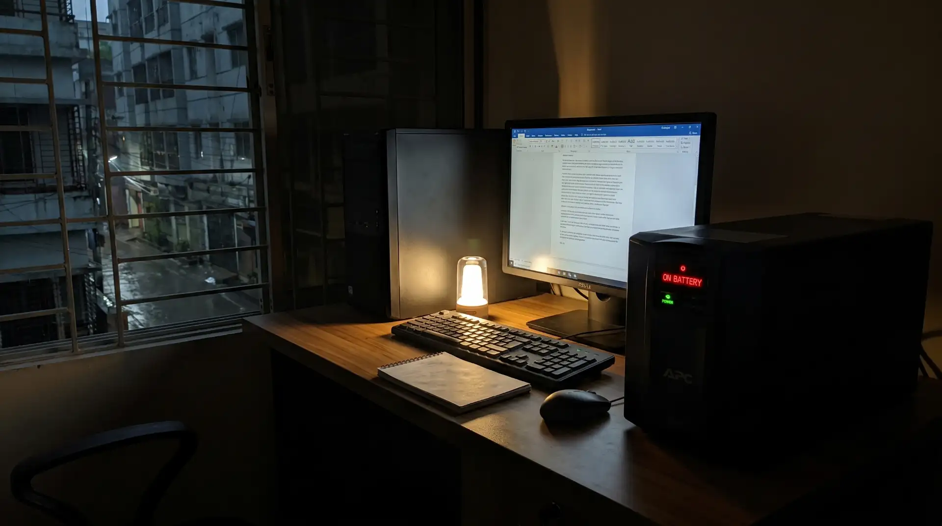realistic desk setup in Bangladesh during load shedding: desktop PC, monitor, and a UPS unit (like APC) placed beside it, dim room lighting with UPS indicator glowing