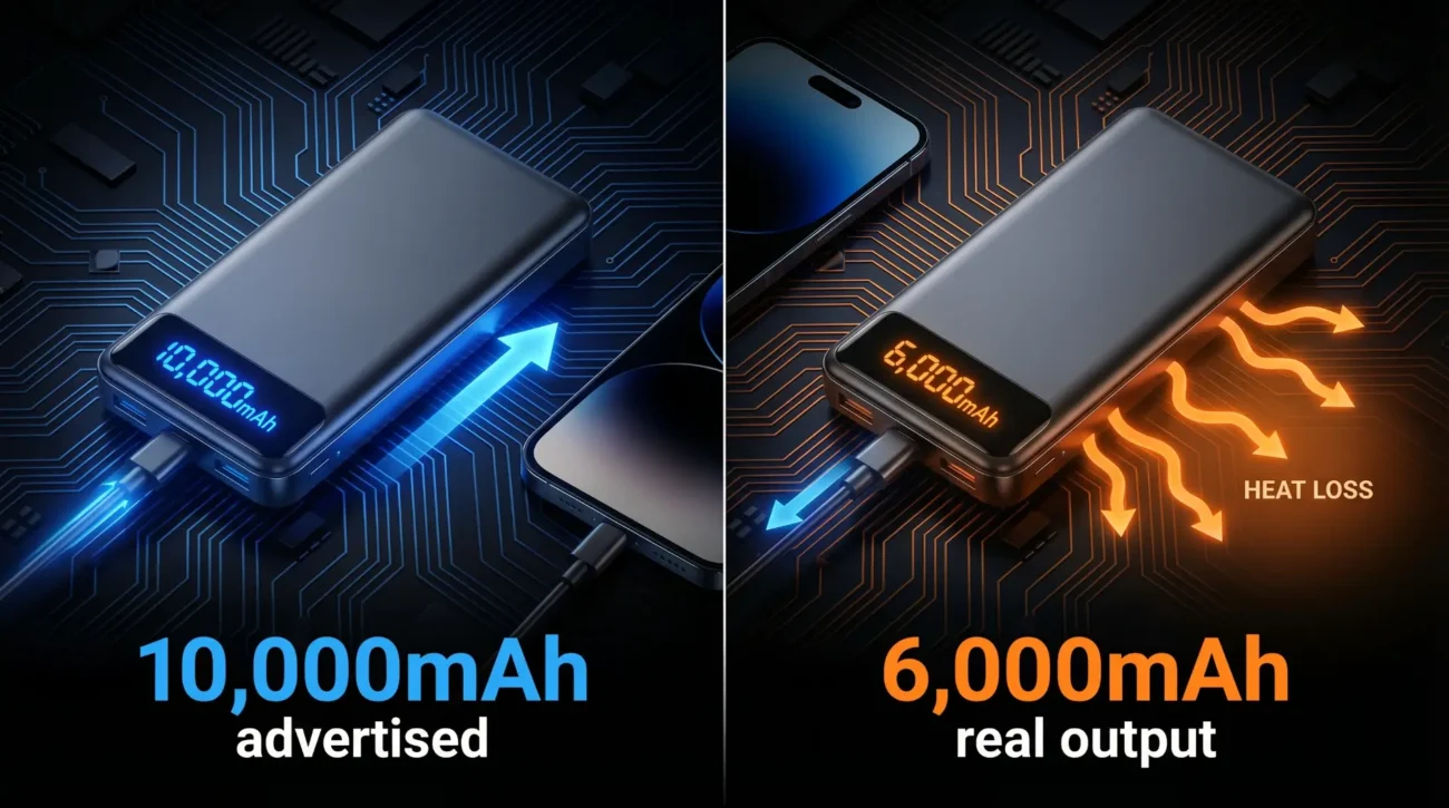 “A realistic modern power bank (10,000mAh) charging a smartphone, with glowing energy flow arrows showing power loss as heat, split visual: left side shows ‘10,000mAh advertised