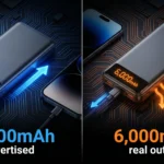 “A realistic modern power bank (10,000mAh) charging a smartphone, with glowing energy flow arrows showing power loss as heat, split visual: left side shows ‘10,000mAh advertised