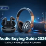 A sleek Gadgeterians banner for "Audio Buying Guide 2026." Features black wireless earbuds, silver over-ear headphones, and a glowing Bluetooth speaker against a dark, futuristic city skyline background.