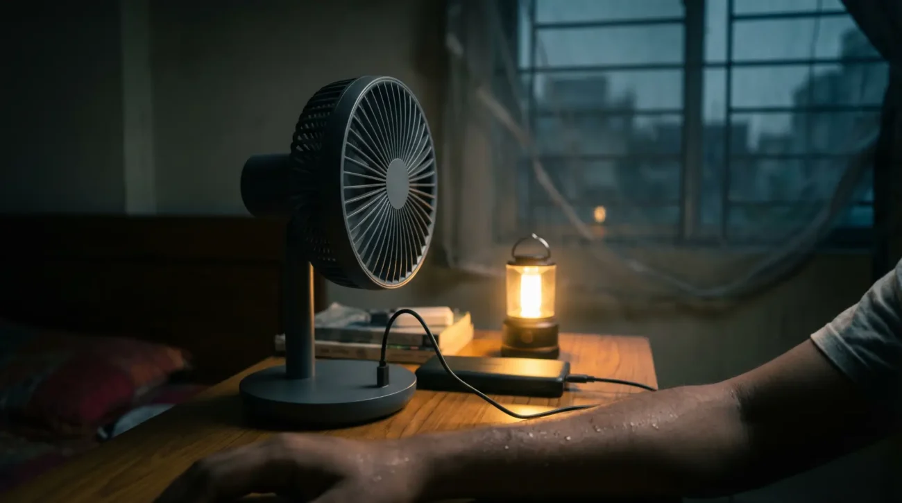 Modern rechargeable fan setup in a hot Bangladeshi room during power outage, desk with USB-C fan running, dark background with soft warm lighting, realistic summer heat mood,