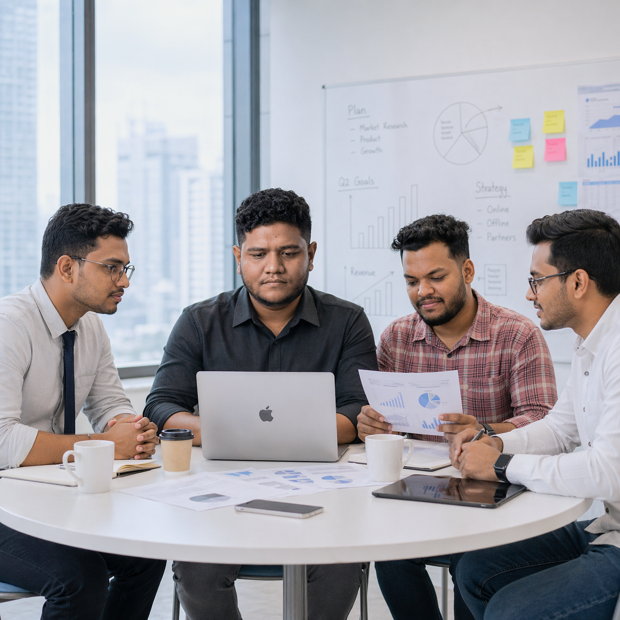 the founder and owner of gadgeterians (ashikur rahman amon) having meeting with his team in a modern office meeting, reviewing charts and reports, with one man working on a laptop while others discuss printed analytics and strategy on a round table.