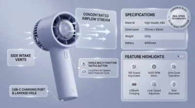 Infographic showing the design features of the Blue JISULIFE Life10 Handheld Fan, highlighting its ABS build, digital display, and ergonomic 200g design.