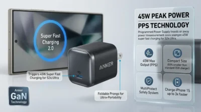 Anker Nano 45W infographic showing Samsung Super Fast Charging 2.0 support for Galaxy S24 Ultra using PPS technology.