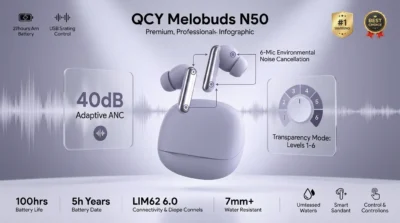 Infographic showing the 40dB Adaptive ANC and 6-level Transparency Mode of the purple QCY Melobuds N50 earbuds.