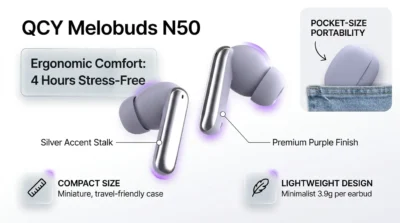 Infographic highlighting the ergonomic design, purple aesthetics, and compact charging case of the QCY Melobuds N50.