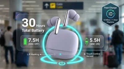 Infographic illustrating the 30-hour total battery life and 10-minute fast charging feature of the QCY Melobuds N50.