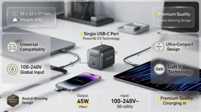 Anker Nano 45W charger universal compatibility infographic showing its use with iPhone, MacBook Air, and iPad.