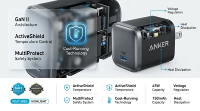 Technical infographic of Anker Nano 45W highlighting GaN II technology, ActiveShield safety, and MultiProtect system.
