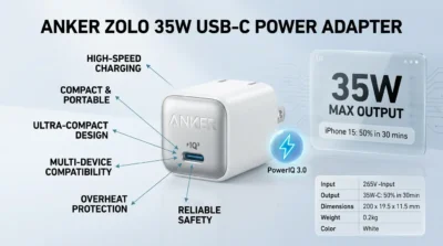 Anker Zolo 35W infographic highlighting 35W fast charging performance and 30-minute iPhone 15 charging speed.