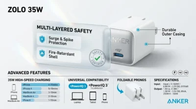 Safety features infographic of Anker Zolo 35W showing surge protection and fire-retardant material labels.