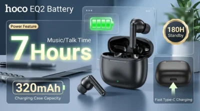 Infographic showing Hoco EQ2 battery specifications including 7 hours playtime, 320mAh case capacity, and Type-C charging.