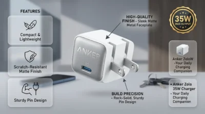 Design infographic for Anker Zolo 35W showcasing its matte finish, compact size, and sturdy pin construction.