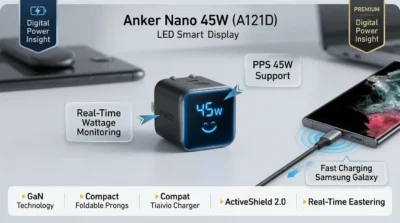Infographic of Anker Nano 45W charger highlighting its smart digital display showing real-time 45W power output and a charging status emoji.