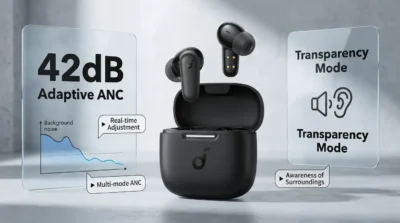 Product infographic showcasing the 10mm dynamic drivers and 22 EQ presets of the Soundcore R50i NC earbuds.