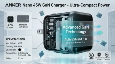 Technical infographic of the Anker Nano 45W charger showing its internal GaN components and thermal management features for heat protection.