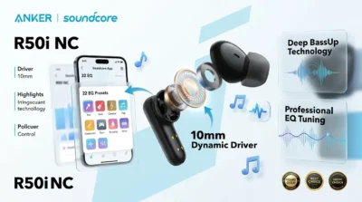 Infographic detailing the 45-hour battery life and 10-minute fast charging capability of the Anker Soundcore R50i NC.