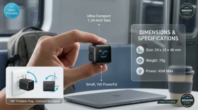 E-commerce infographic showing the compact size of the Anker Nano 45W charger and its 180-degree foldable plug design for travel.