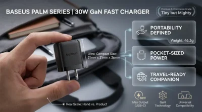 Product infographic showcasing the compact palm-sized dimensions of the Baseus 30W charger, highlighting its ultra-portable design for travel and daily commuting.