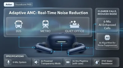 Infographic of Anker Soundcore P40i highlighting Smart Adaptive Noise Cancellation and 6-mic AI technology for commuting.