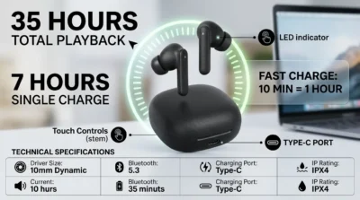 Battery performance infographic for QCY Buds QT43 highlighting 35-hour total battery life and fast charging capability.