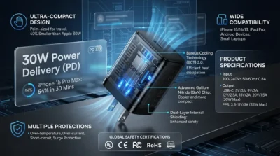 Technical infographic of the Baseus 30W PD charger demonstrating the Baseus Cooling Technology (BCT) and its fast-charging performance for high-end smartphones.