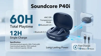 Infographic showing the 60-hour total battery life and fast charging capabilities of the Anker Soundcore P40i earbuds.