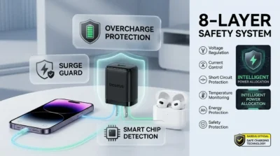 E-commerce infographic detailing the smart protection features and 8-layer safety system of the Baseus 30W charger for protecting expensive smartphones and accessories.