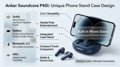 Infographic demonstrating the Anker Soundcore P40i's unique charging case that doubles as a phone stand for hands-free viewing.