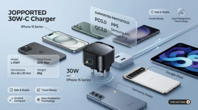 Infographic displaying the universal compatibility of Joyroom L-P307 with iPhone, Samsung, and Android devices using PD, QC, and PPS protocols.