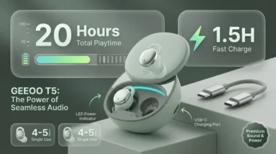 Battery life infographic for GEEOO T5 earbuds detailing 20 hours of total playtime, 5 hours per charge, and 1.5-hour USB-C fast charging.
