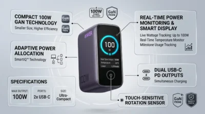 Infographic of Anker B121B charger showing its smart display with real-time 100W power monitoring and touch-sensitive screen rotation.