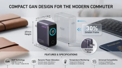 Size comparison infographic showing the compact GaN design of the Anker 100W charger versus a traditional laptop power brick.