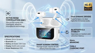 Technical infographic of Hoco EW79 earbuds highlighting 13mm drivers and Active Noise Cancellation features.
