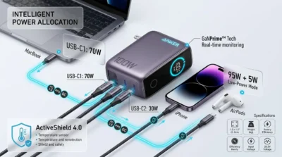 Power distribution diagram of Anker B121B showing intelligent allocation of 100W across three devices with smart safety monitoring.