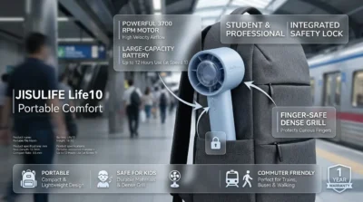 Infographic depicting the JISULIFE Life10 Fan as an ideal tool for students and professionals, emphasizing its portability, safety grill, and powerful 3700 RPM motor.