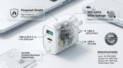 Safety infographic for Joyroom L-QP205 showcasing its fireproof PC material construction and scratch-resistant durable shell.