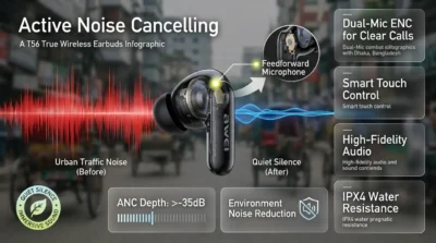 Infographic showing Awei T56 ANC technology with -35dB noise reduction depth for busy environments.