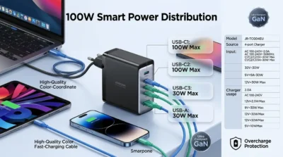 Infographic demonstrating the Joyroom JR-TCG04EU charging a laptop, tablet, and phone simultaneously using its 4-port design.