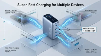 Technical infographic of the Anker Zolo 140W charger showing 4-port layout and specific wattage output for each USB-C and USB-A port.