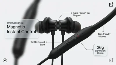 Infographic showing the control module and magnetic power feature of the OnePlus Bullets Wireless Z3 neckband.