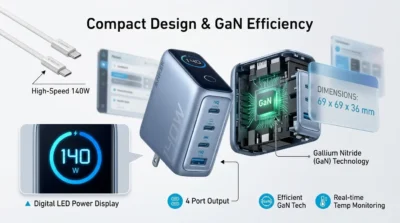 Size and technology infographic for the Anker Zolo 140W GaN charger highlighting its compact dimensions and digital LED power display.