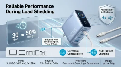 Speed-focused infographic for the Anker Zolo 140W showing its 30-minute rapid charge capability and the included 1.5m 140W USB-C cable.